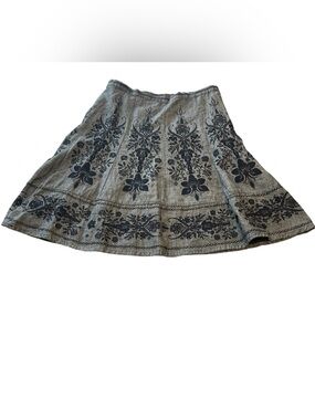 Next Petite Cotton Linen Gray Navy Embroidered A Line Womens Skirt UK 14 US 10